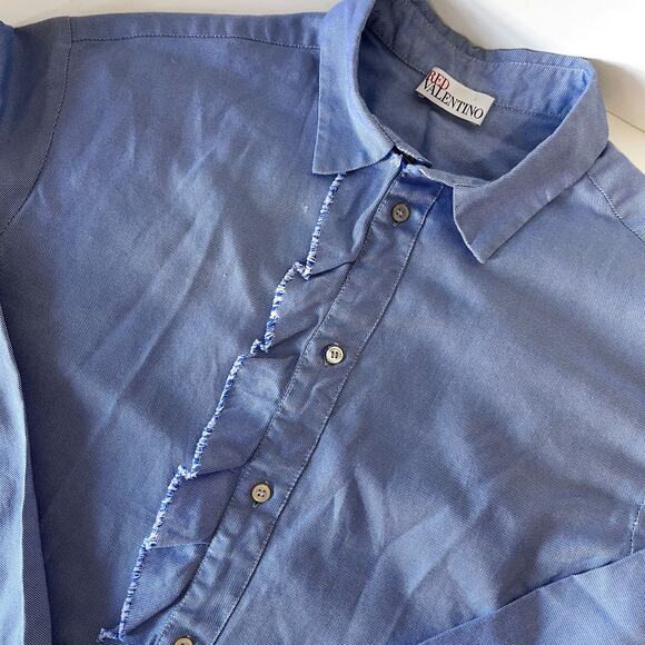 RED VALENTINO Ruffle Trim Cotton Button Down Shirt in Blue Size S/4 - Picture 7 of 14